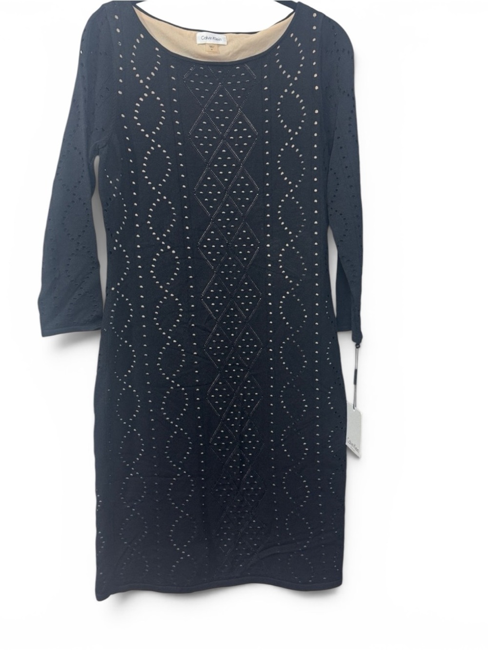 Calvin Klein Black Eyelet Knit Shift Dress w/ Tan Lining - Size Medium